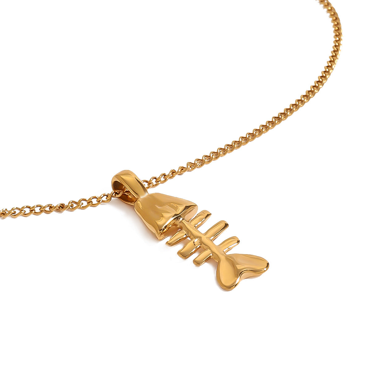 Stainless Steel Fishbone Pendant Curb Chain Necklace