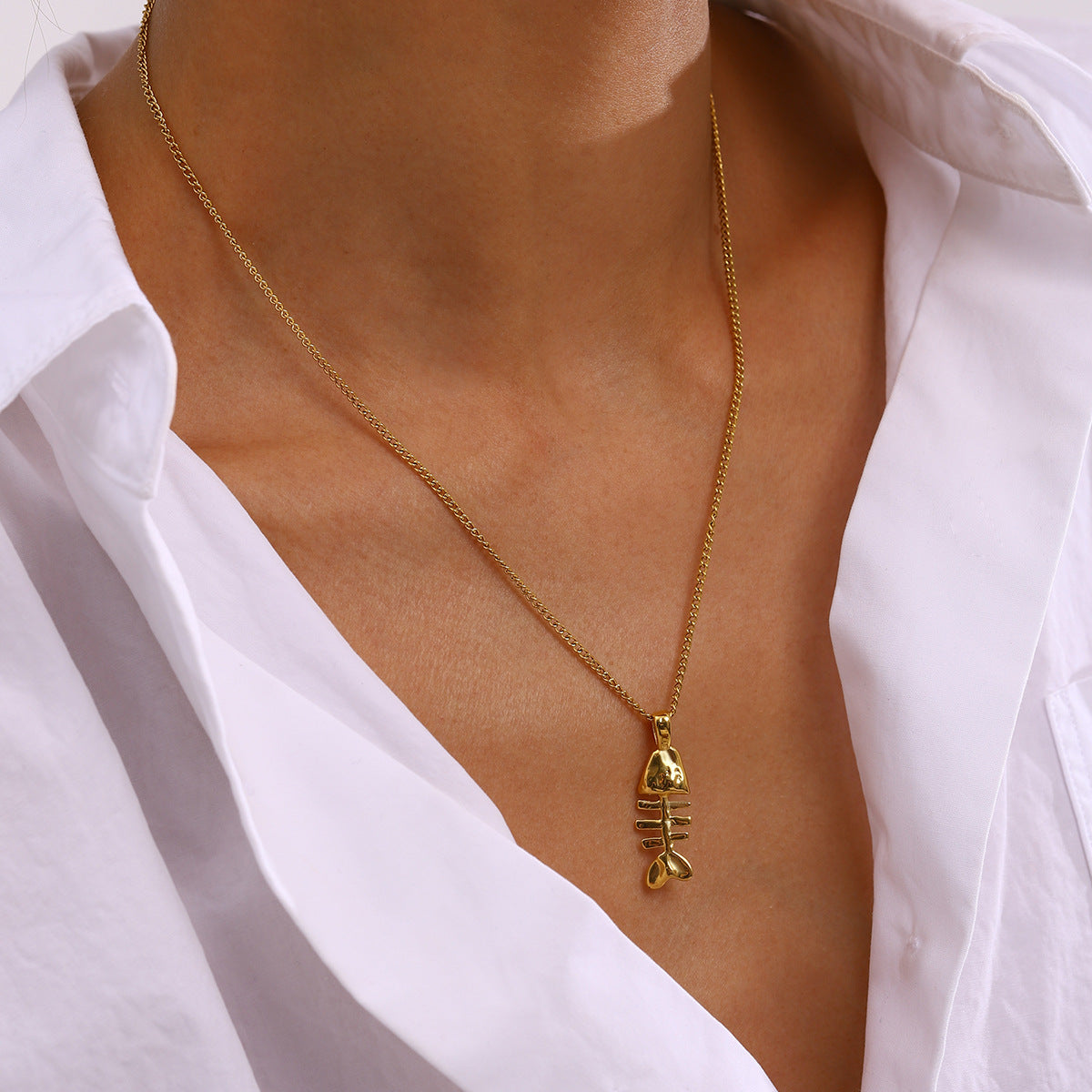 Stainless Steel Fishbone Pendant Curb Chain Necklace