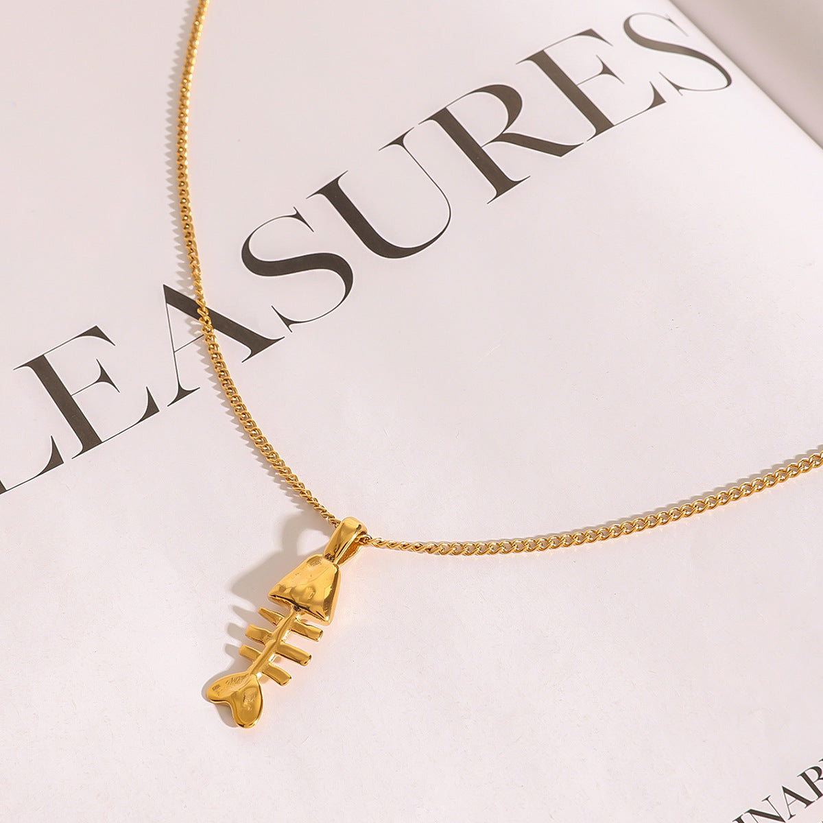 Stainless Steel Fishbone Pendant Curb Chain Necklace