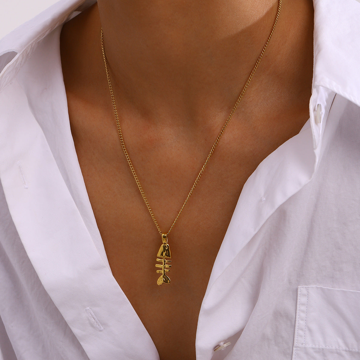 Stainless Steel Fishbone Pendant Curb Chain Necklace
