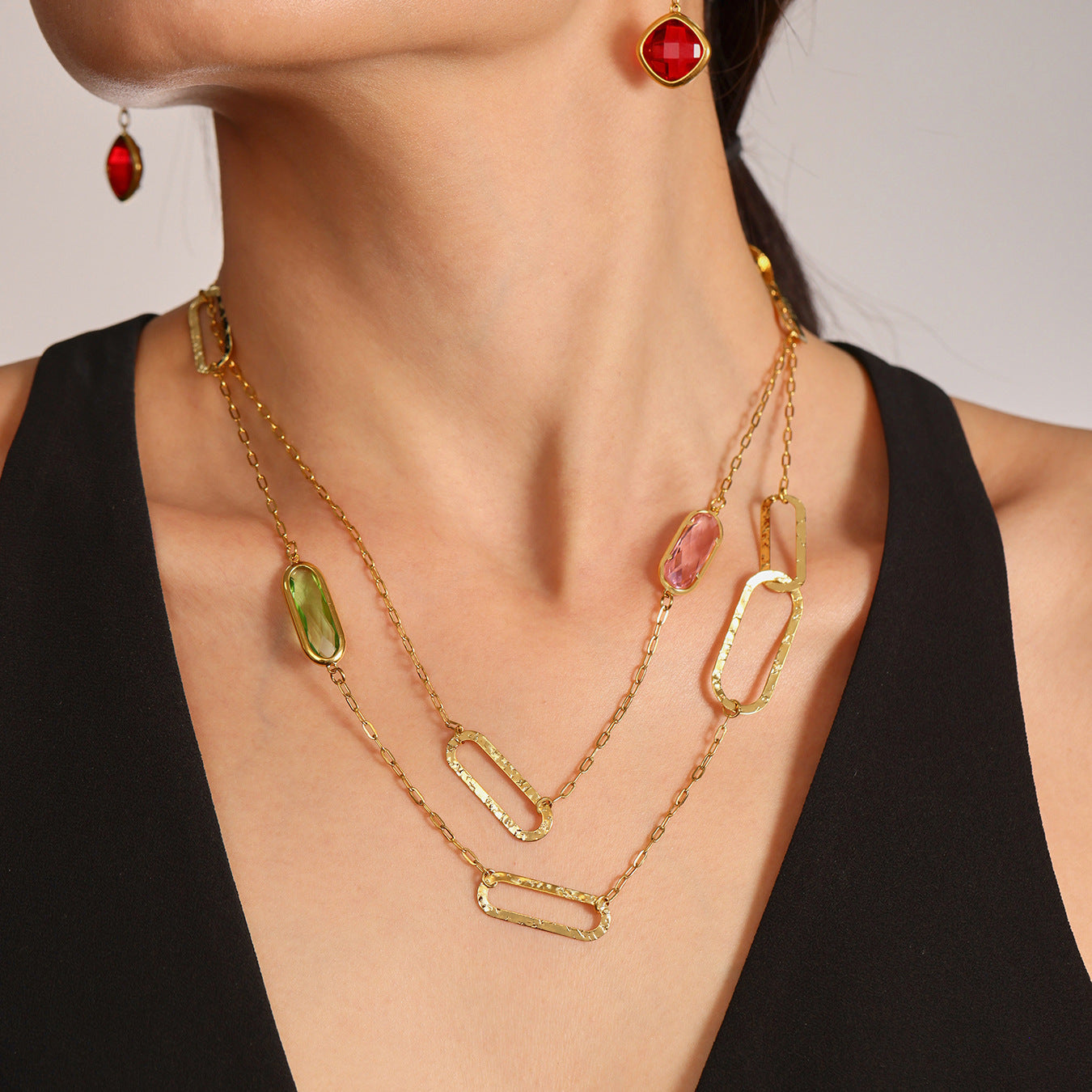 Stainless Steel Double-layer Glass Geometric Necklace