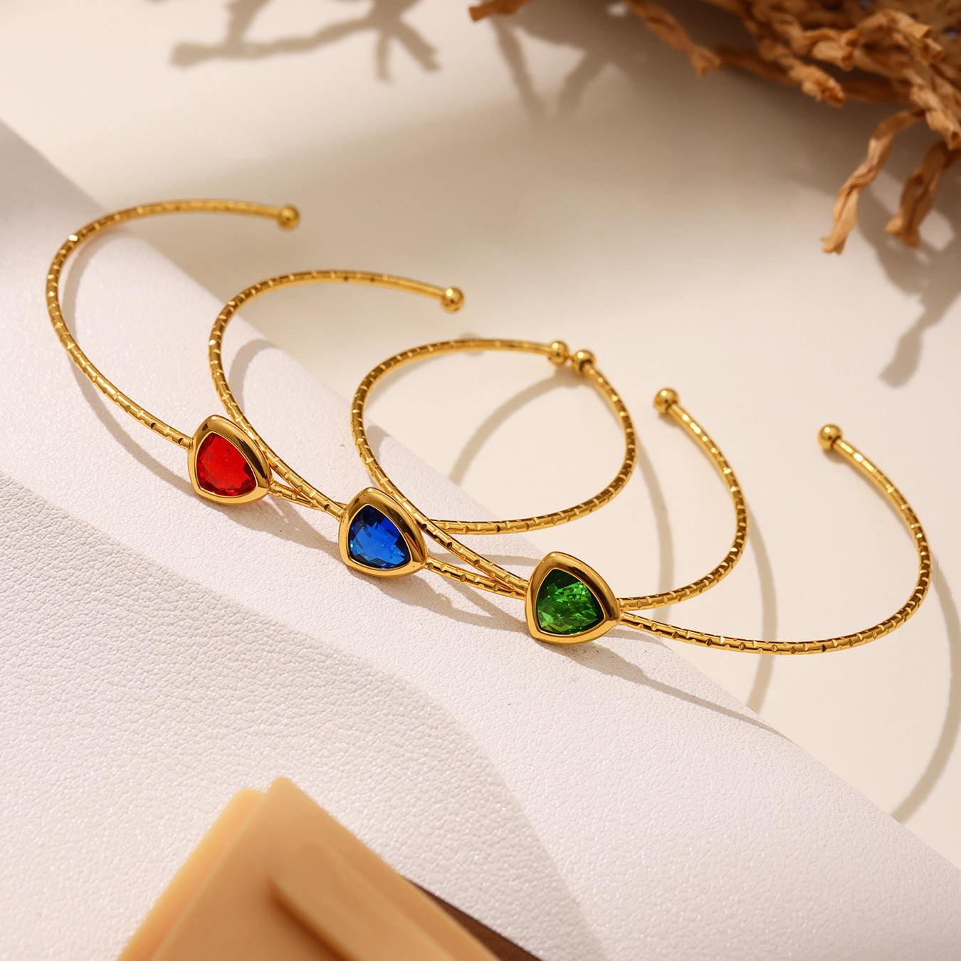 18K Gold PVD Cut Triangular Czech Glass Stone Cuff Bracelet