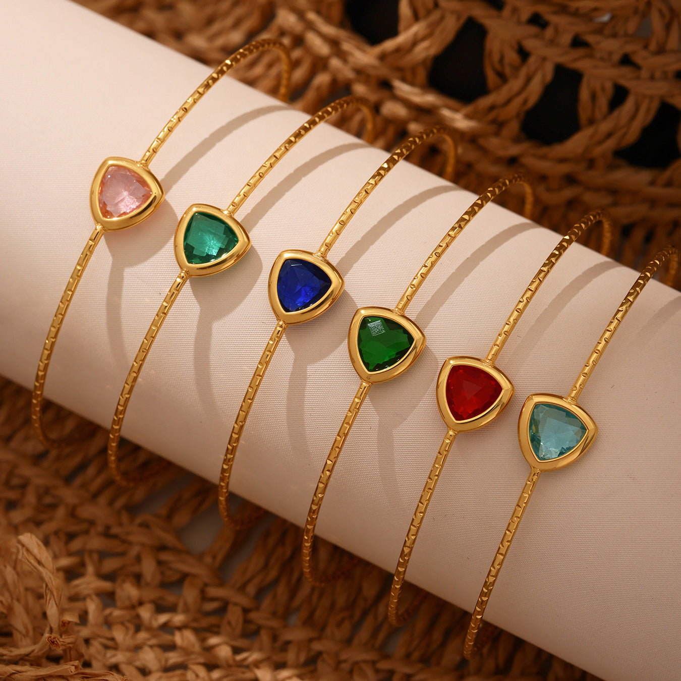 18K Gold PVD Cut Triangular Czech Glass Stone Cuff Bracelet