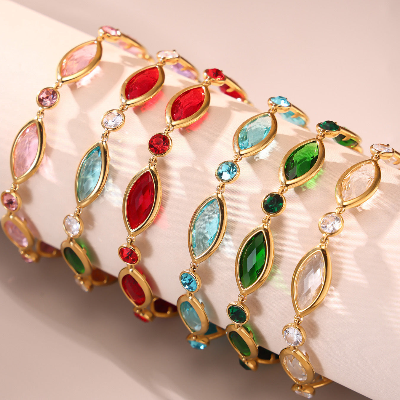 Stainless Steel 18K Gold PVD Crystal Oval Glass Bracelet