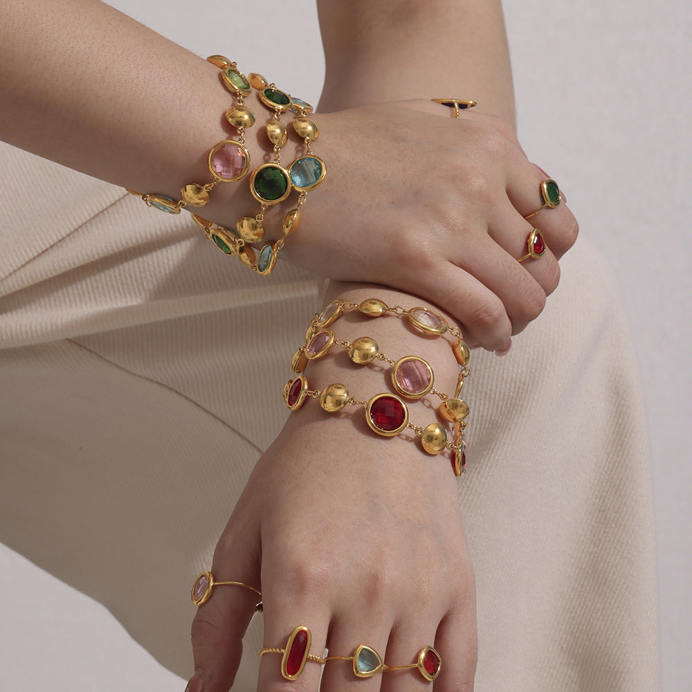 Stainless Steel Circular Cut Glass Geometric Splicing Bracelet