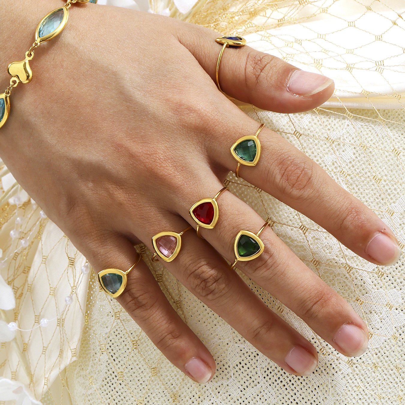 18K Gold PVD Triangular Czech Glass Steel Ball Ring