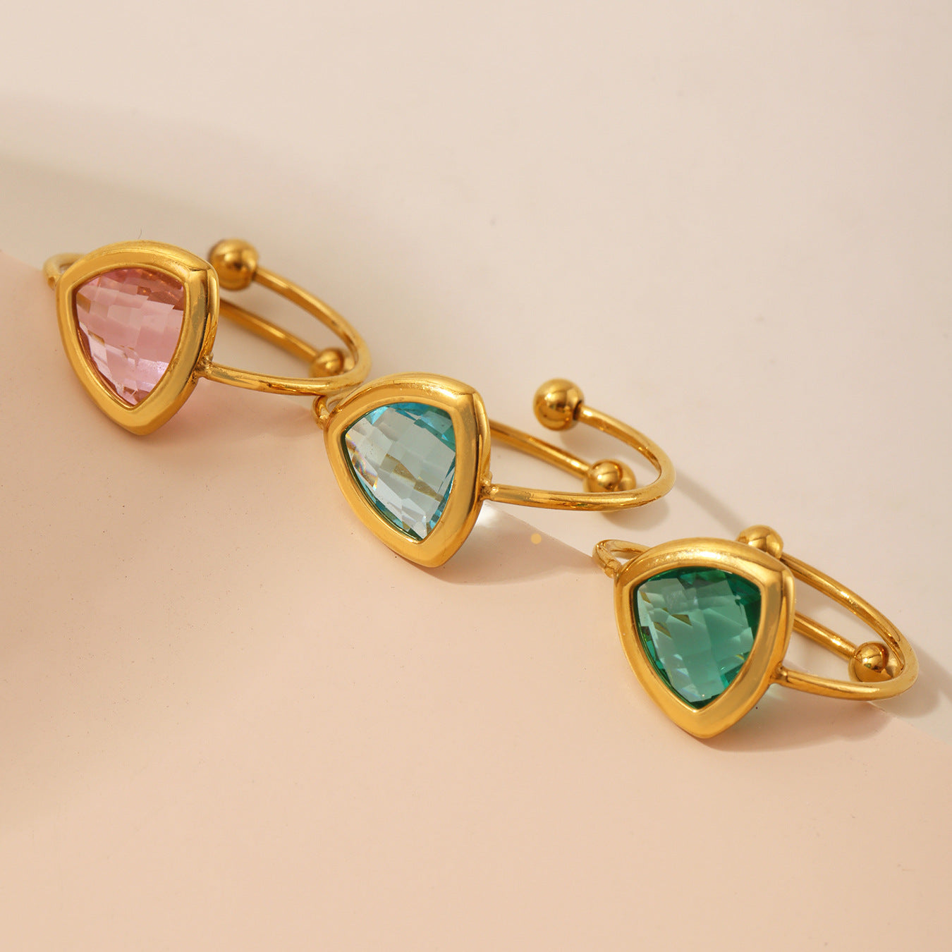 18K Gold PVD Triangular Czech Glass Steel Ball Ring