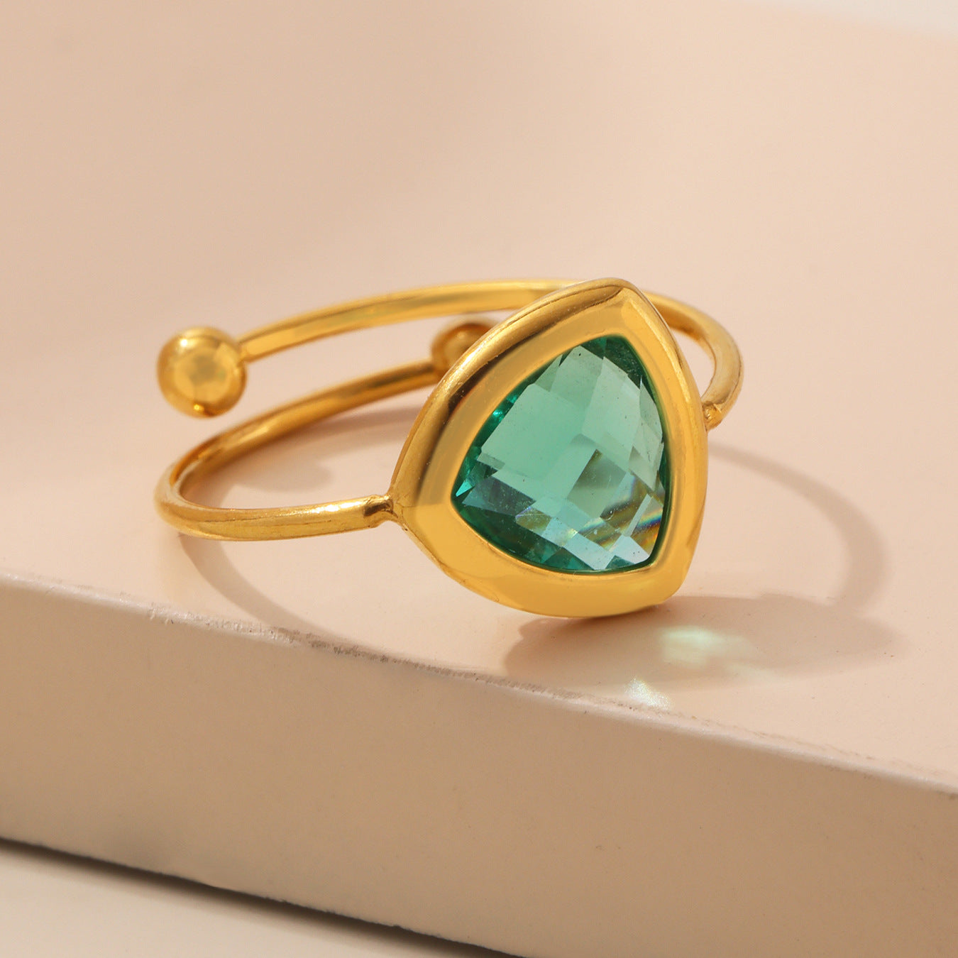 18K Gold PVD Triangular Czech Glass Steel Ball Ring