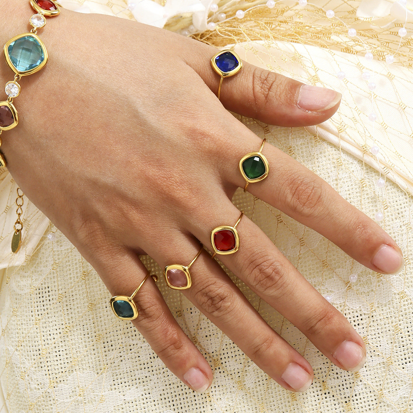 Square Cut Czech Glass Small Gold Bead Ring