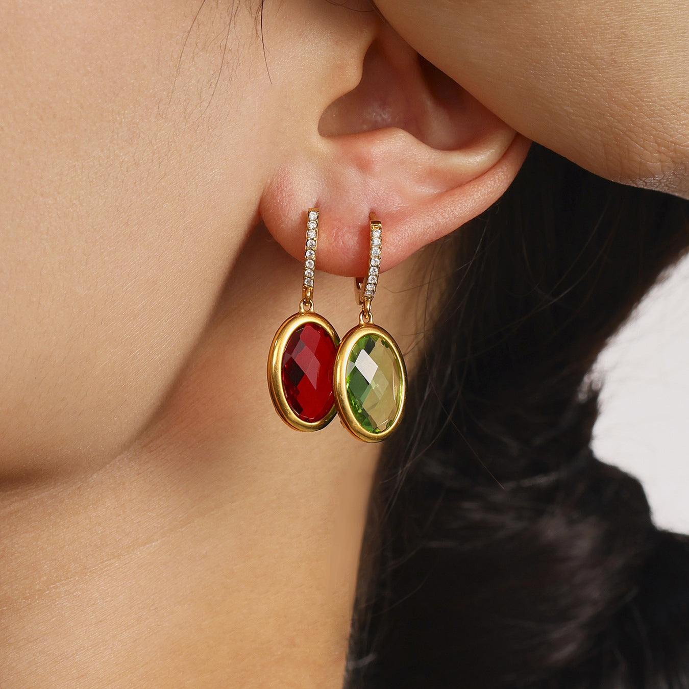 Cut Oval Czech Glass Full Diamond Huggie Earrings