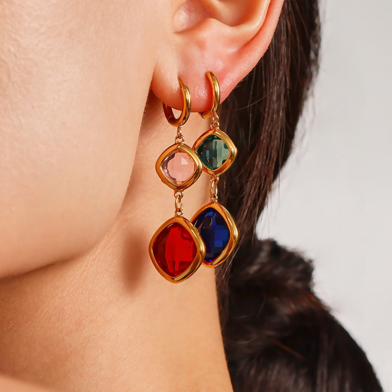 18K Gold PVD Transparent Czech Glass Huggie Earrings