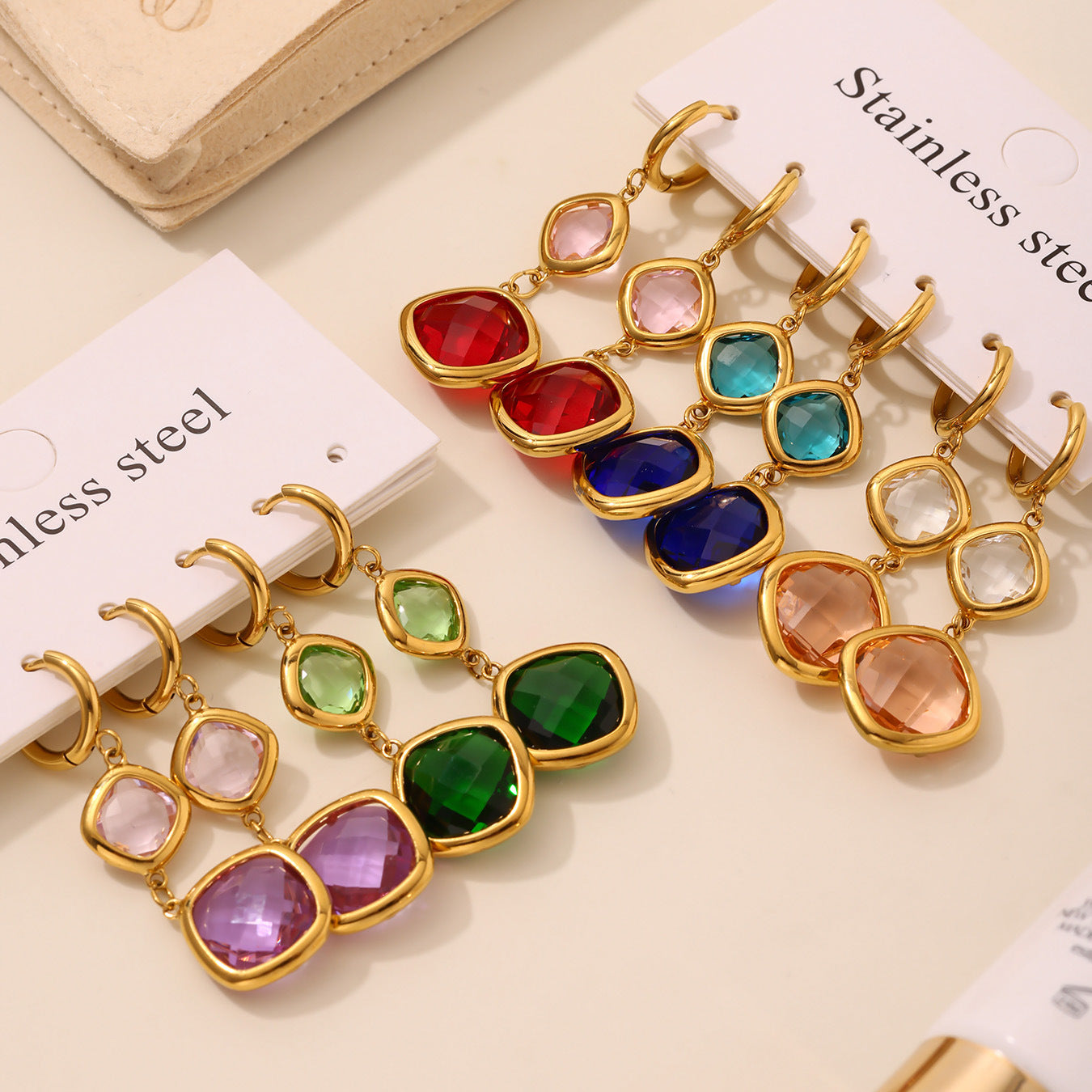 18K Gold PVD Transparent Czech Glass Huggie Earrings