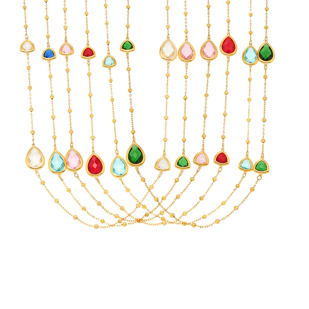 Czech Cut Water Droplet Glass Small Steel Ball Long Necklace