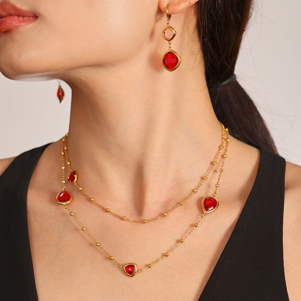 Czech Cut Water Droplet Glass Small Steel Ball Long Necklace