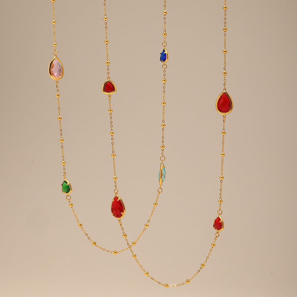 Czech Cut Water Droplet Glass Small Steel Ball Long Necklace