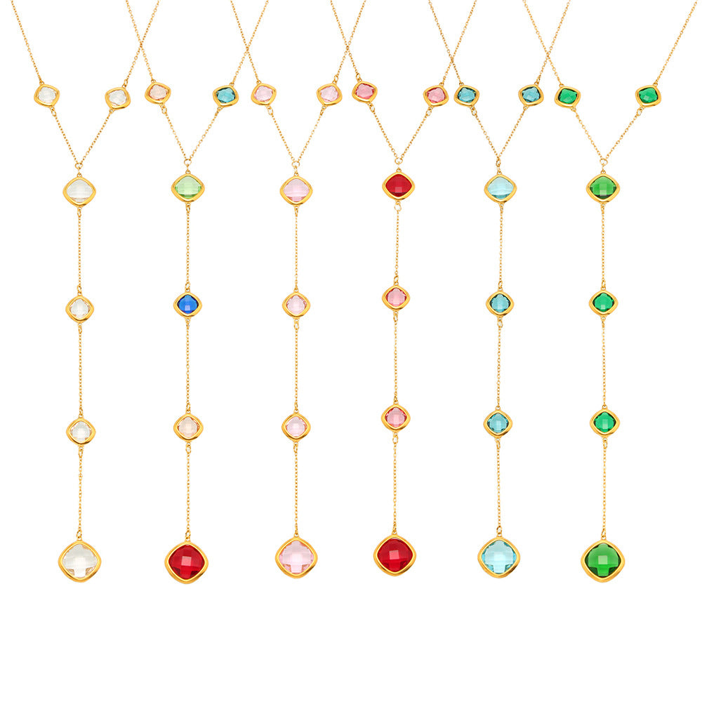 Super Flash Cut Square Glass Long Tassel Necklace