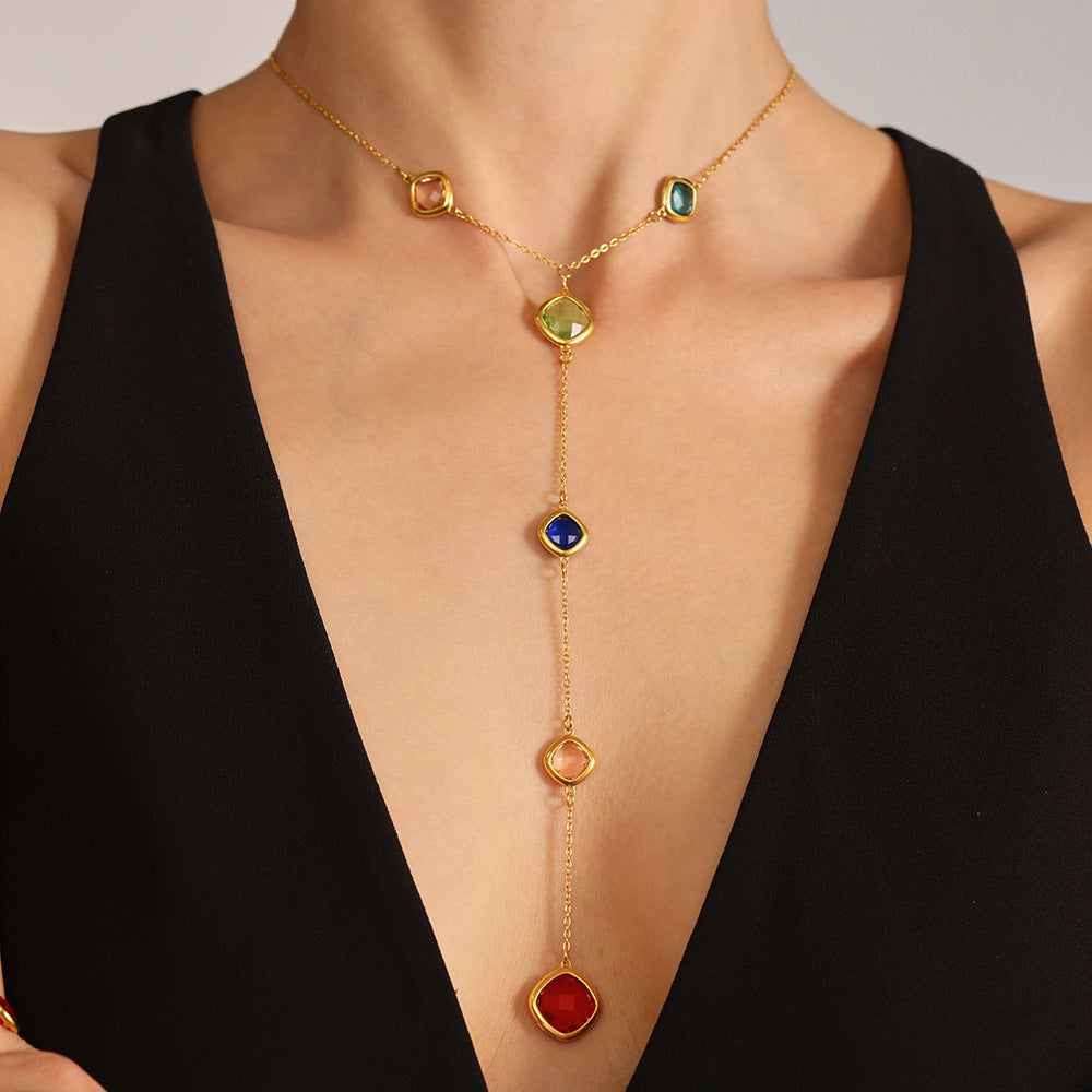 Super Flash Cut Square Glass Long Tassel Necklace