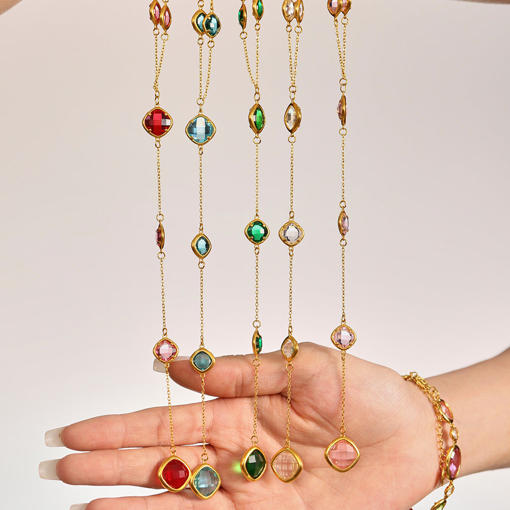 Super Flash Cut Square Glass Long Tassel Necklace