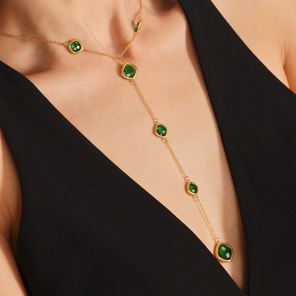 Super Flash Cut Square Glass Long Tassel Necklace