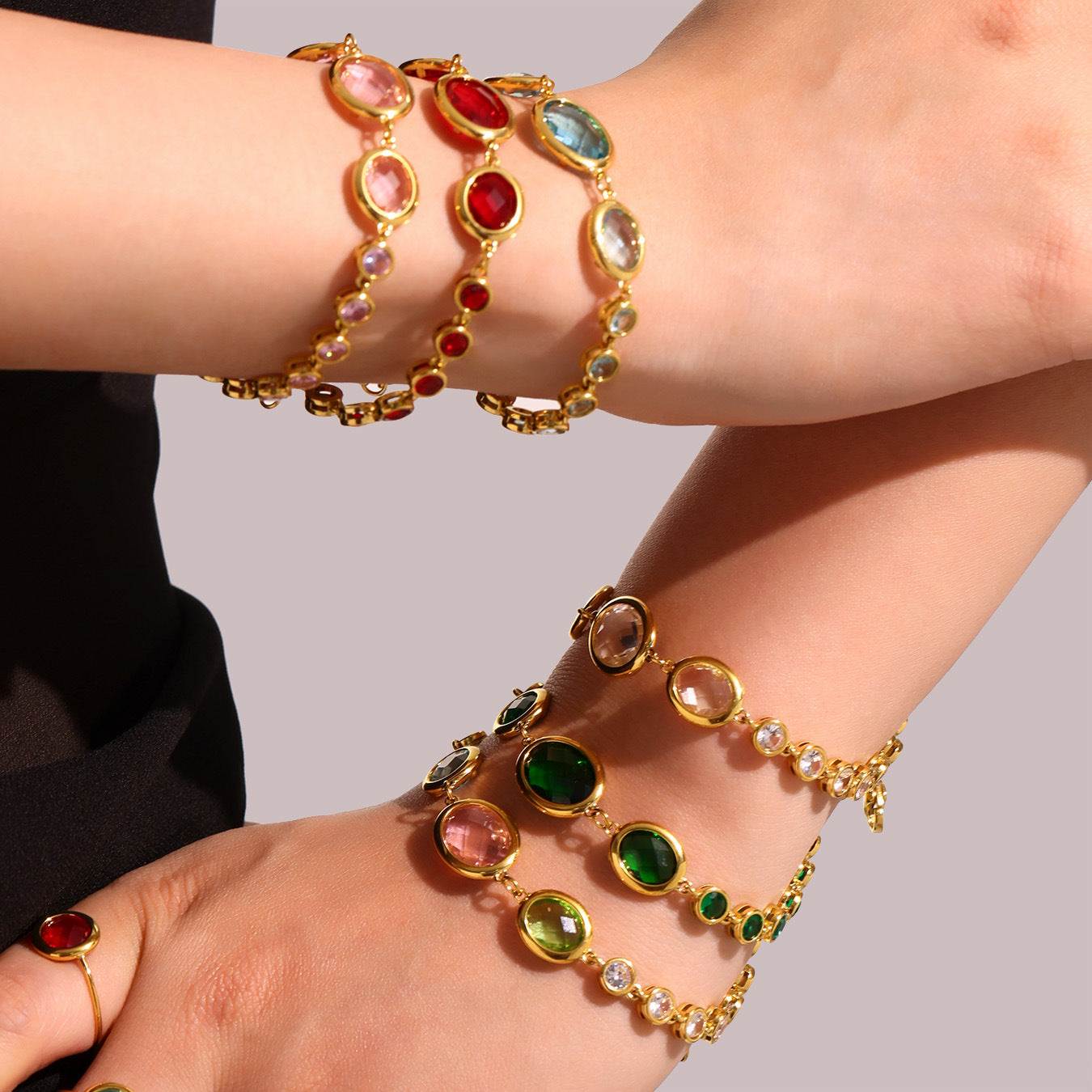 Stainless Steel 18K Gold PVD Oval Cut Crystal Glass Bracelet