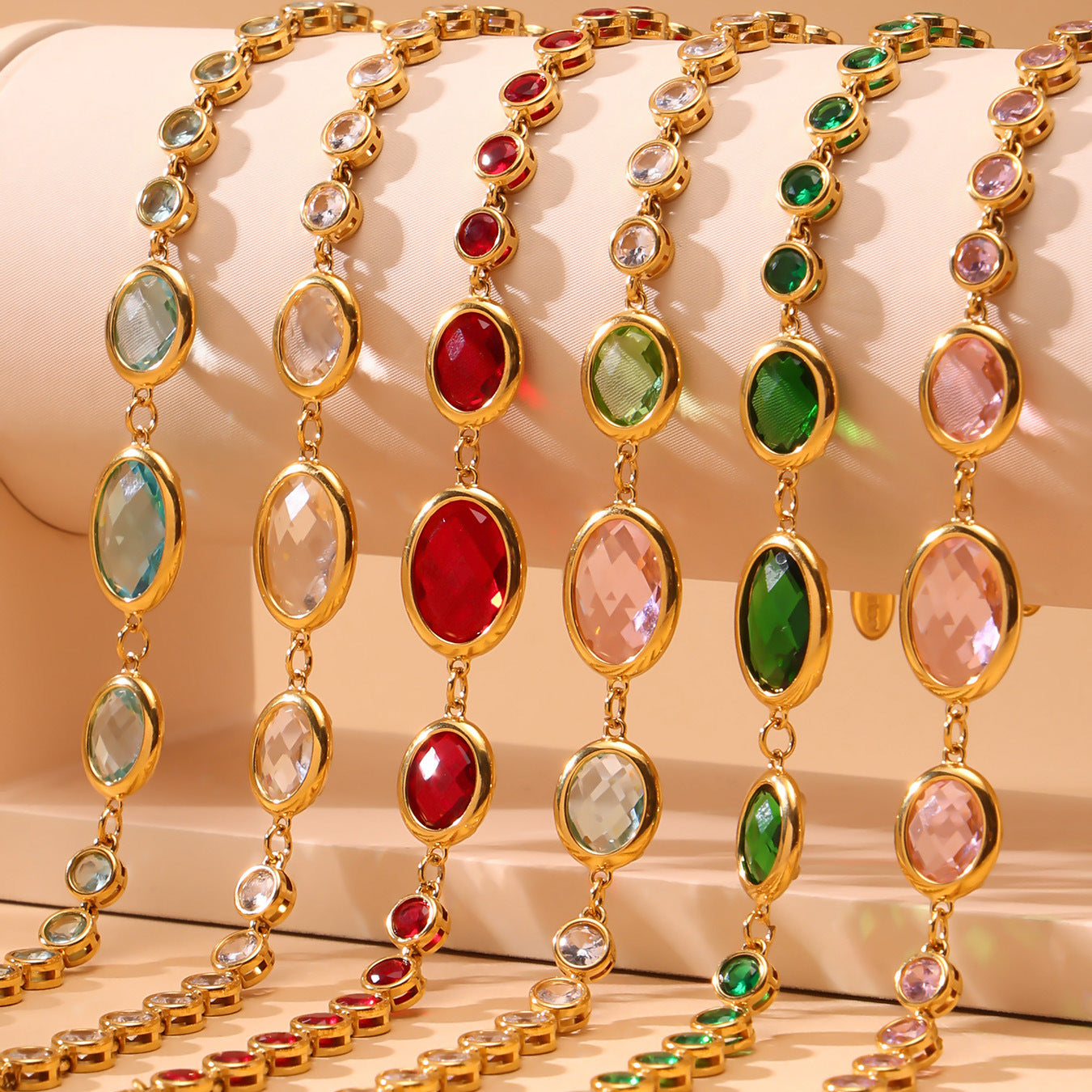 Stainless Steel 18K Gold PVD Oval Cut Crystal Glass Bracelet