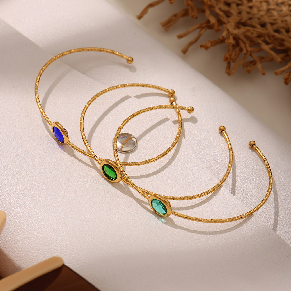 Stainless Steel Circular Cut Czech Glass Stone Cuff Bracelet