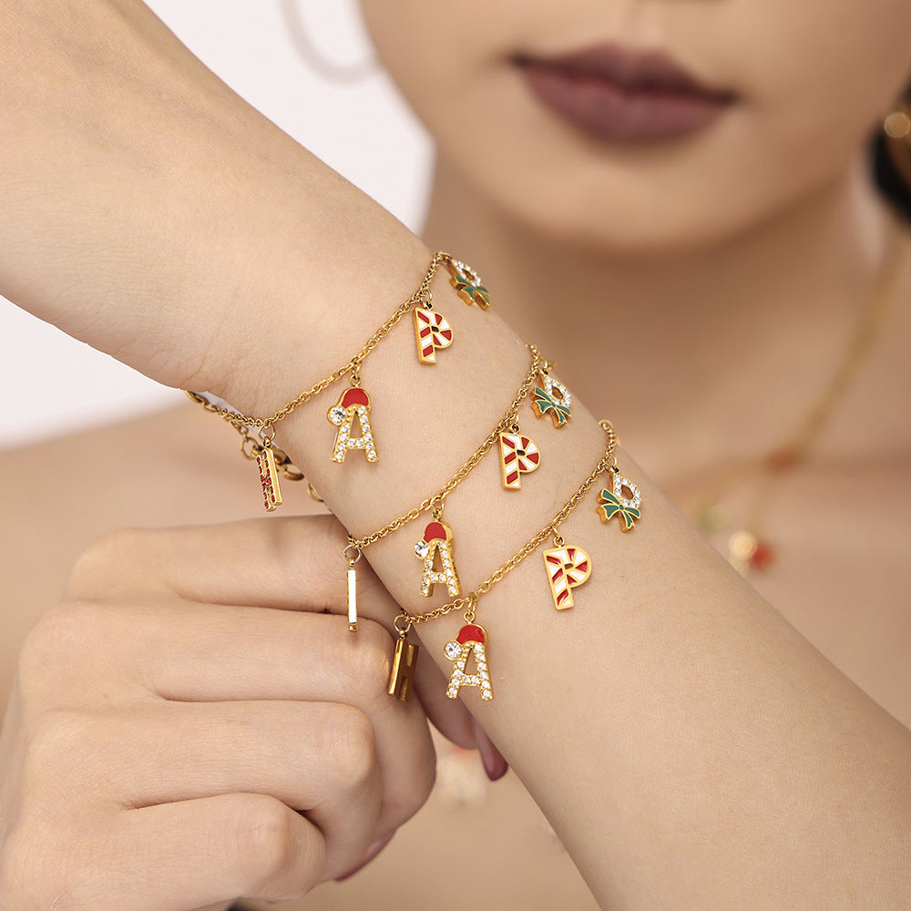 Stainless Steel Christmas Zircon HAPPY Letter Necklace Bracelet Earrings Jewelry Suit