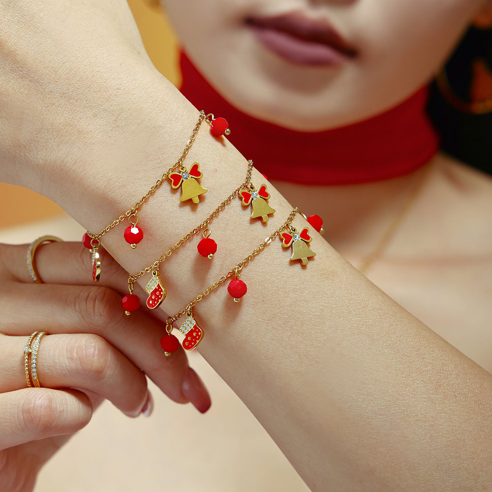 Stainless Steel Christmas Zircon Bell Necklace Bracelet Earrings Jewelry Suit