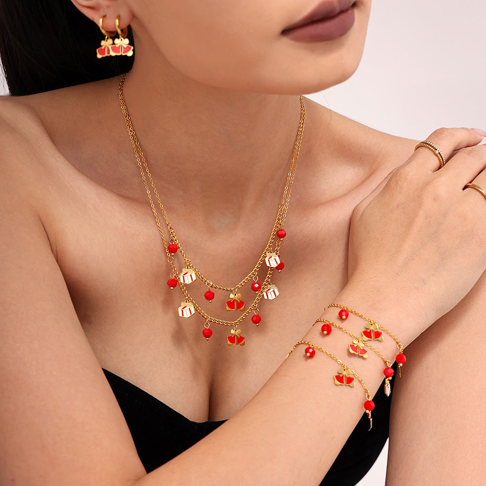 Stainless Steel Garnet Christmas Element Geometric Pendant Necklace Bracelet Earrings Jewelry Suit