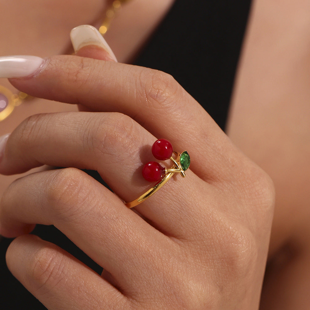 Stainless Steel 18K Gold PVD Rhinestone Resin Cherry Ring
