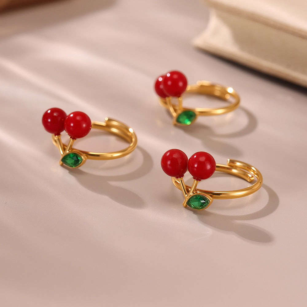Stainless Steel 18K Gold PVD Rhinestone Resin Cherry Ring