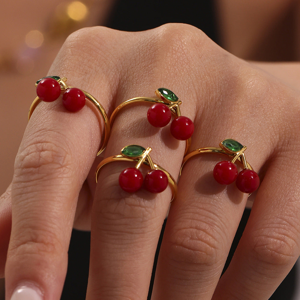 Stainless Steel 18K Gold PVD Rhinestone Resin Cherry Ring