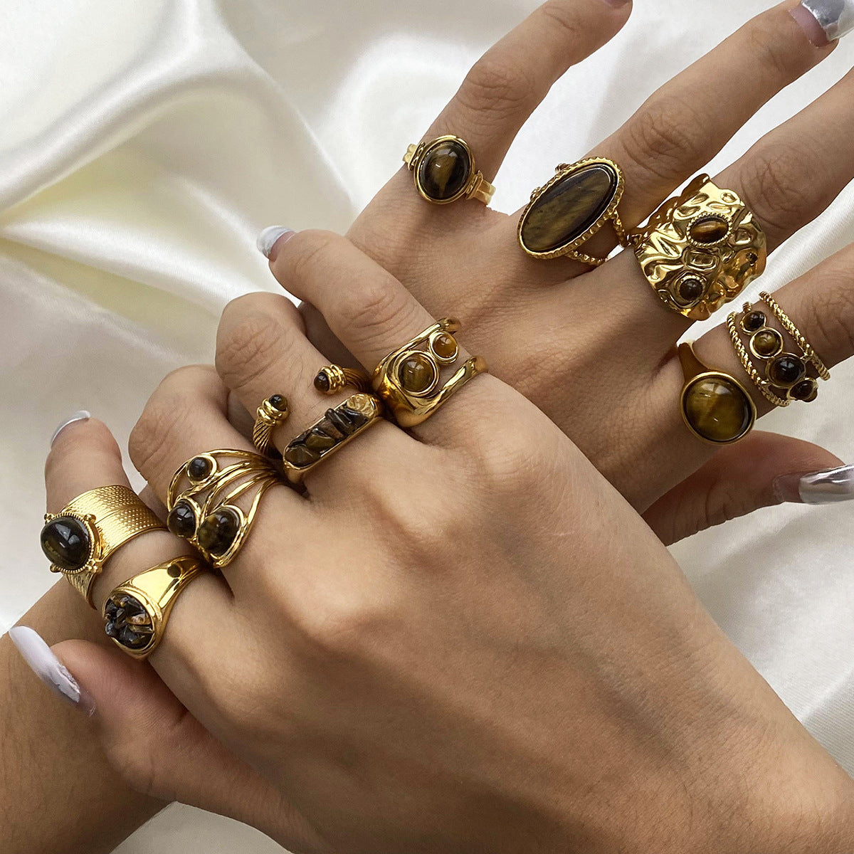 Stainless Steel Tiger's Eye Necklace Bracelet Ring Earrings Jewelry Suit