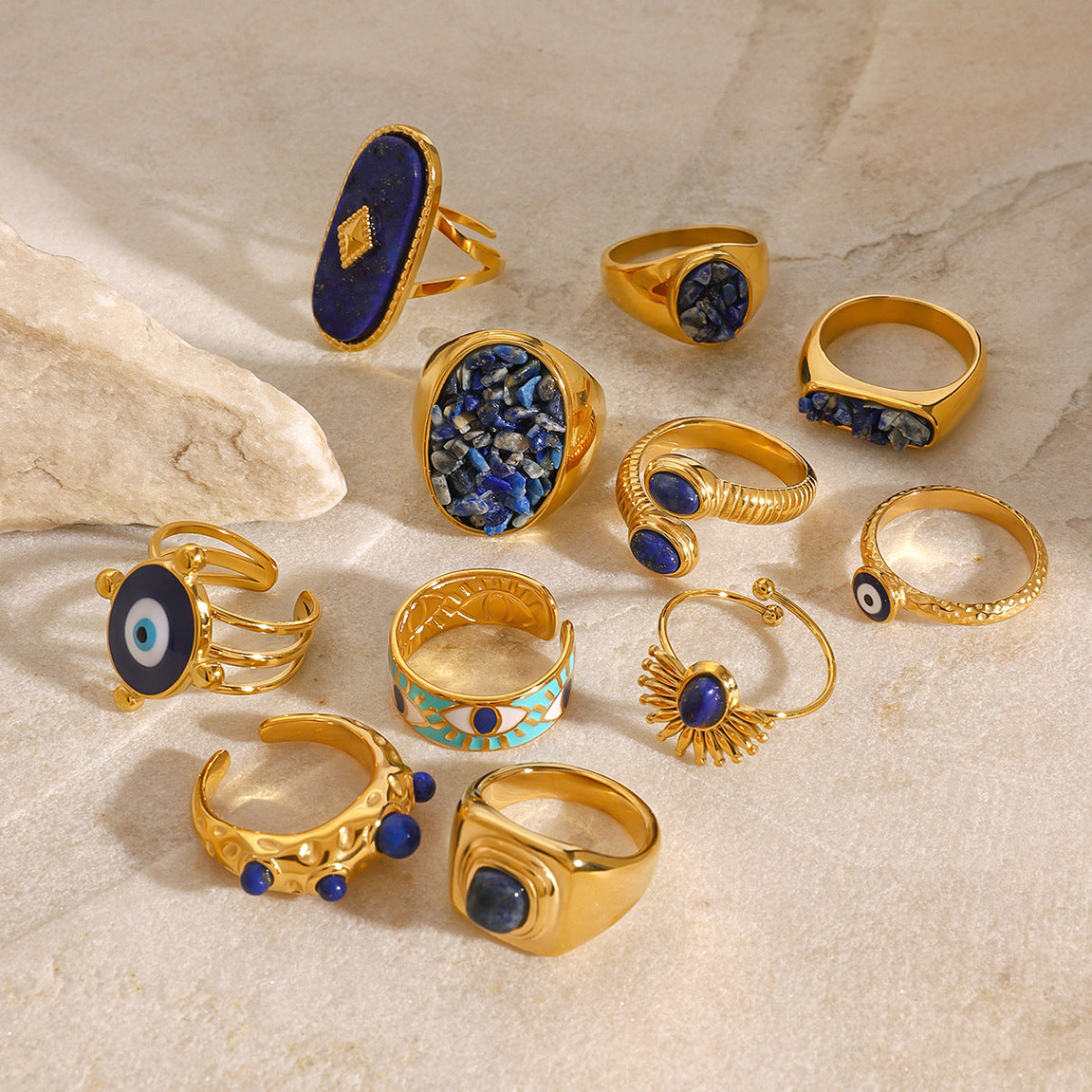 Stainless Steel Blue Color Natural Stone Ring Collection