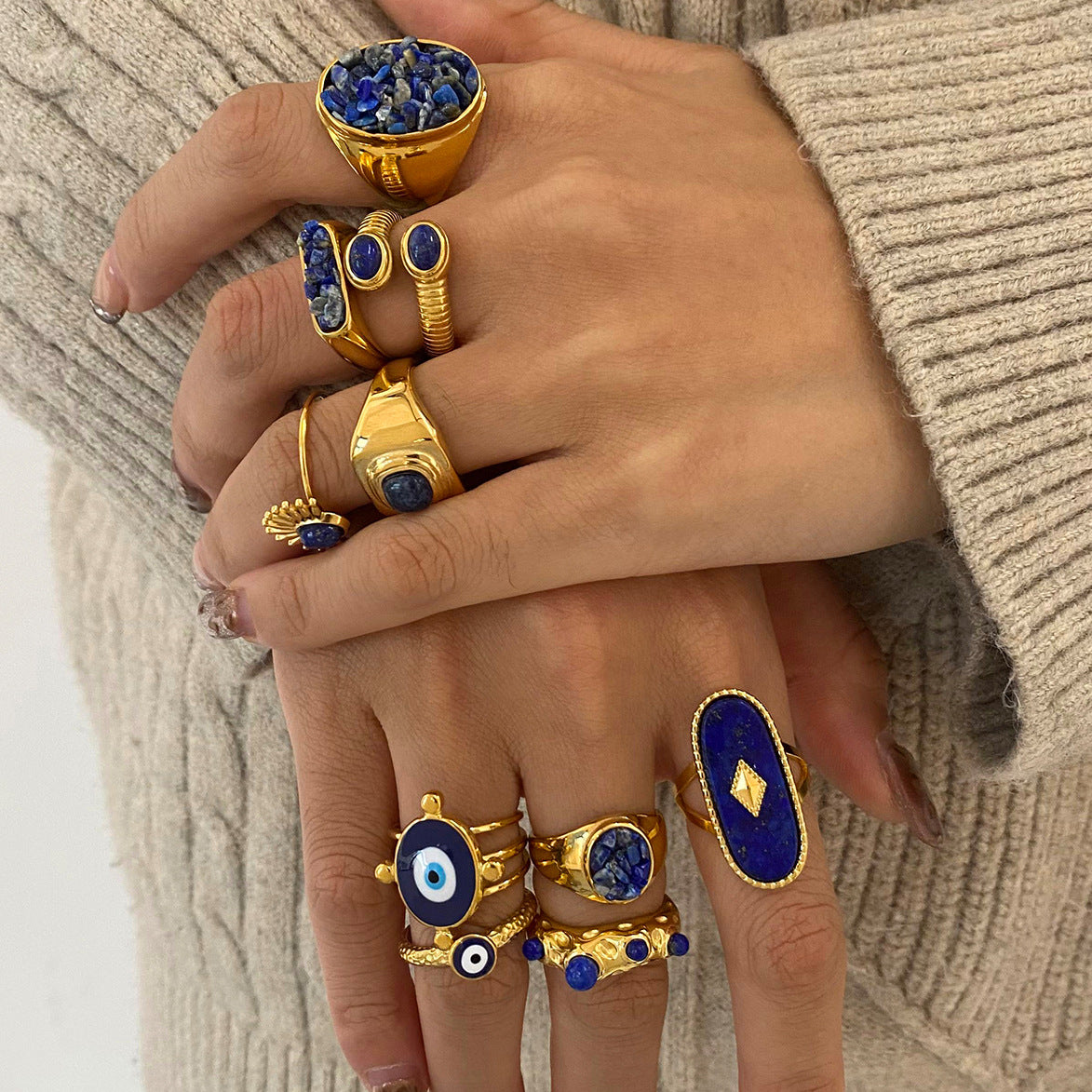 Stainless Steel Blue Color Natural Stone Ring Collection
