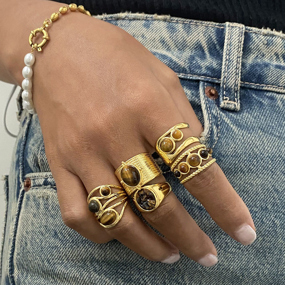 Stainless Steel Natural Tiger's Eye Ring Collection