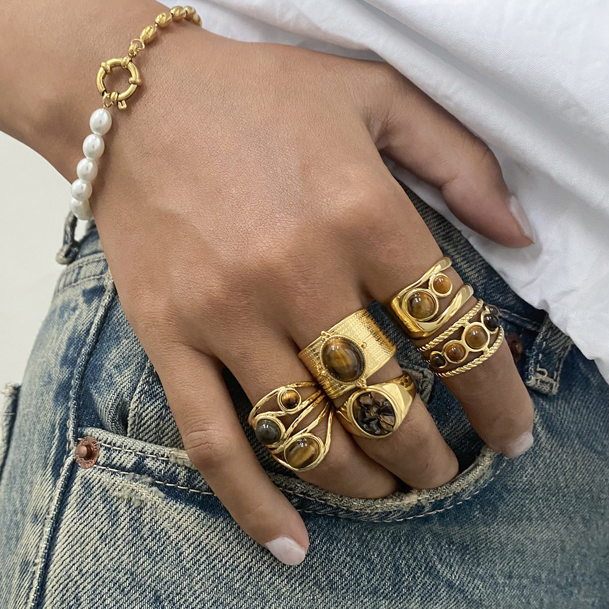 Stainless Steel Natural Tiger's Eye Ring Collection