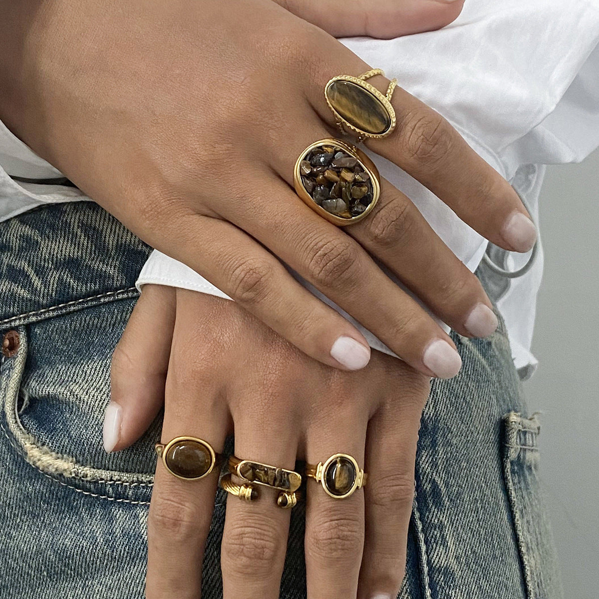 Stainless Steel Natural Tiger's Eye Ring Collection
