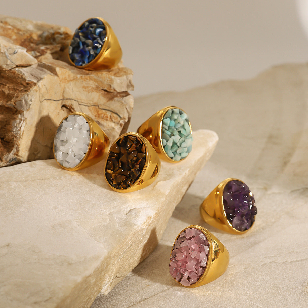 Stainless Steel Natural Stone Gravel Ring Collection