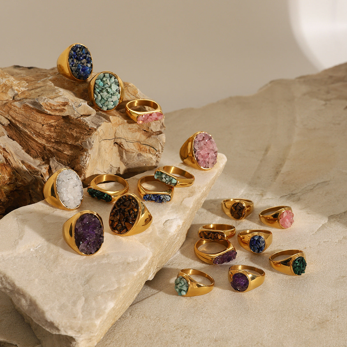 Stainless Steel Natural Stone Gravel Ring Collection