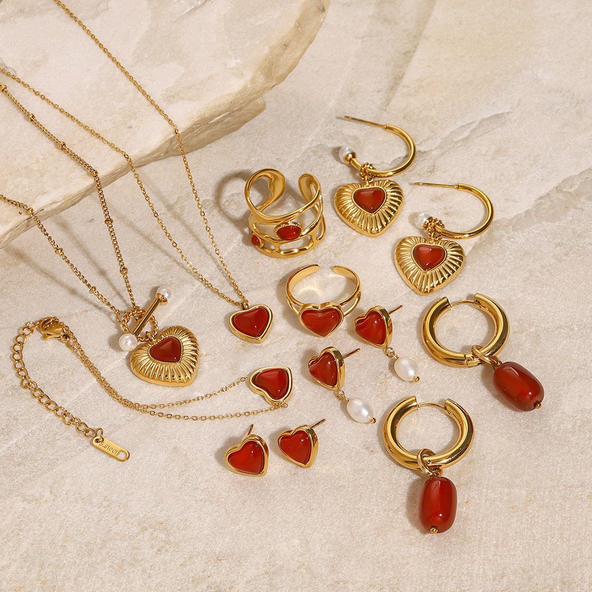 Stainless Steel Red Agate Heart Necklace Bracelet Ring Earrings Jewelry Suit