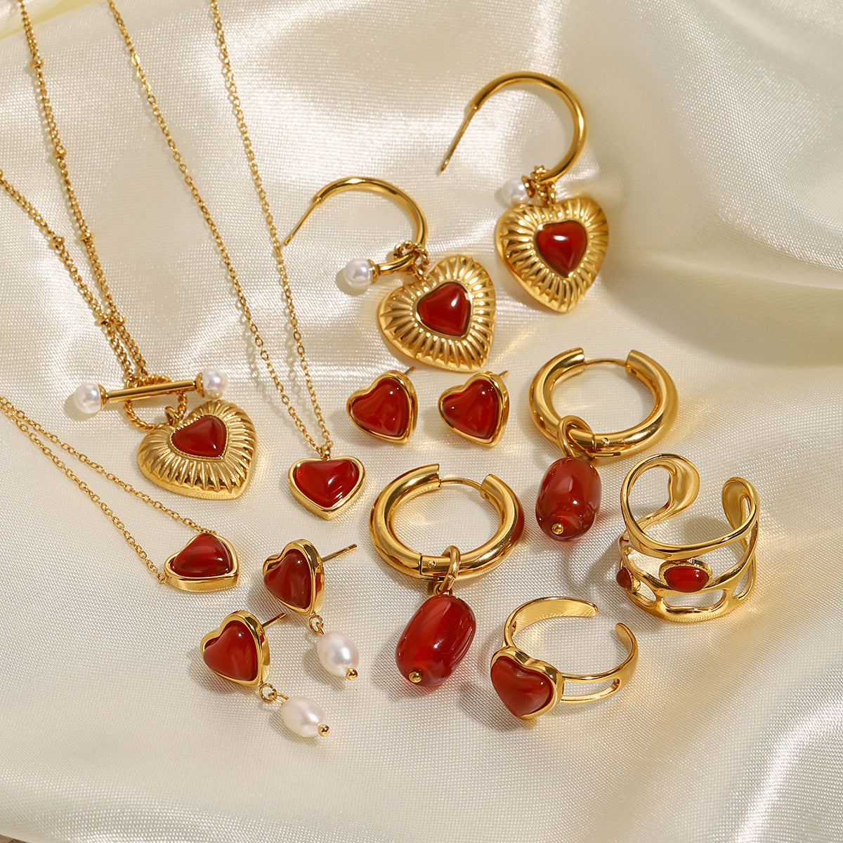 Stainless Steel Red Agate Heart Necklace Bracelet Ring Earrings Jewelry Suit