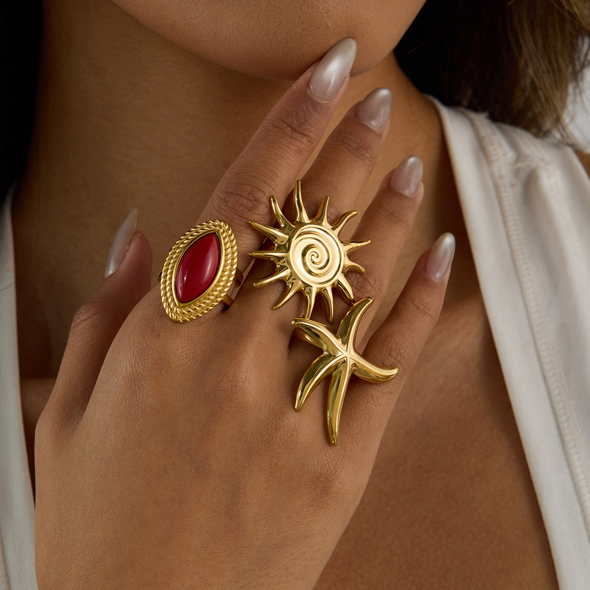 Stainless Steel Red Agate Ring