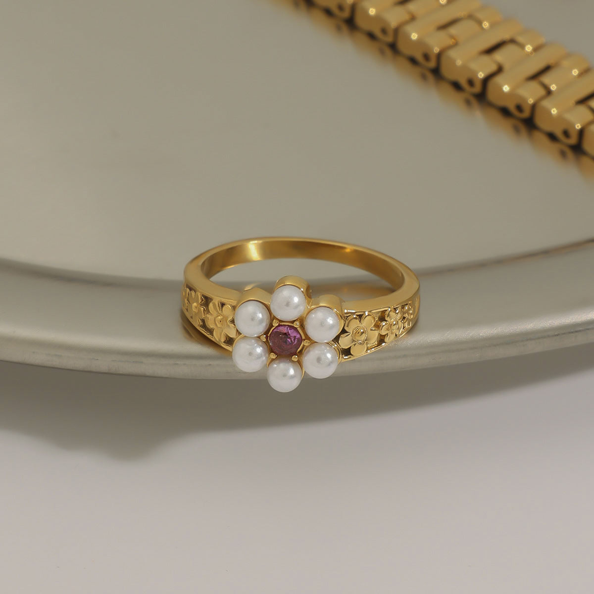 Stainless Steel Pearl Flower Cubic Zirconia Ring