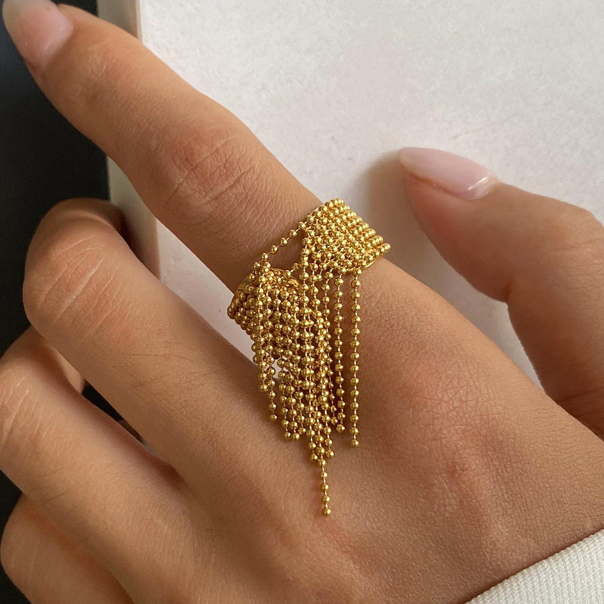 Stainless Steel Round Bead Tassel Open Ring