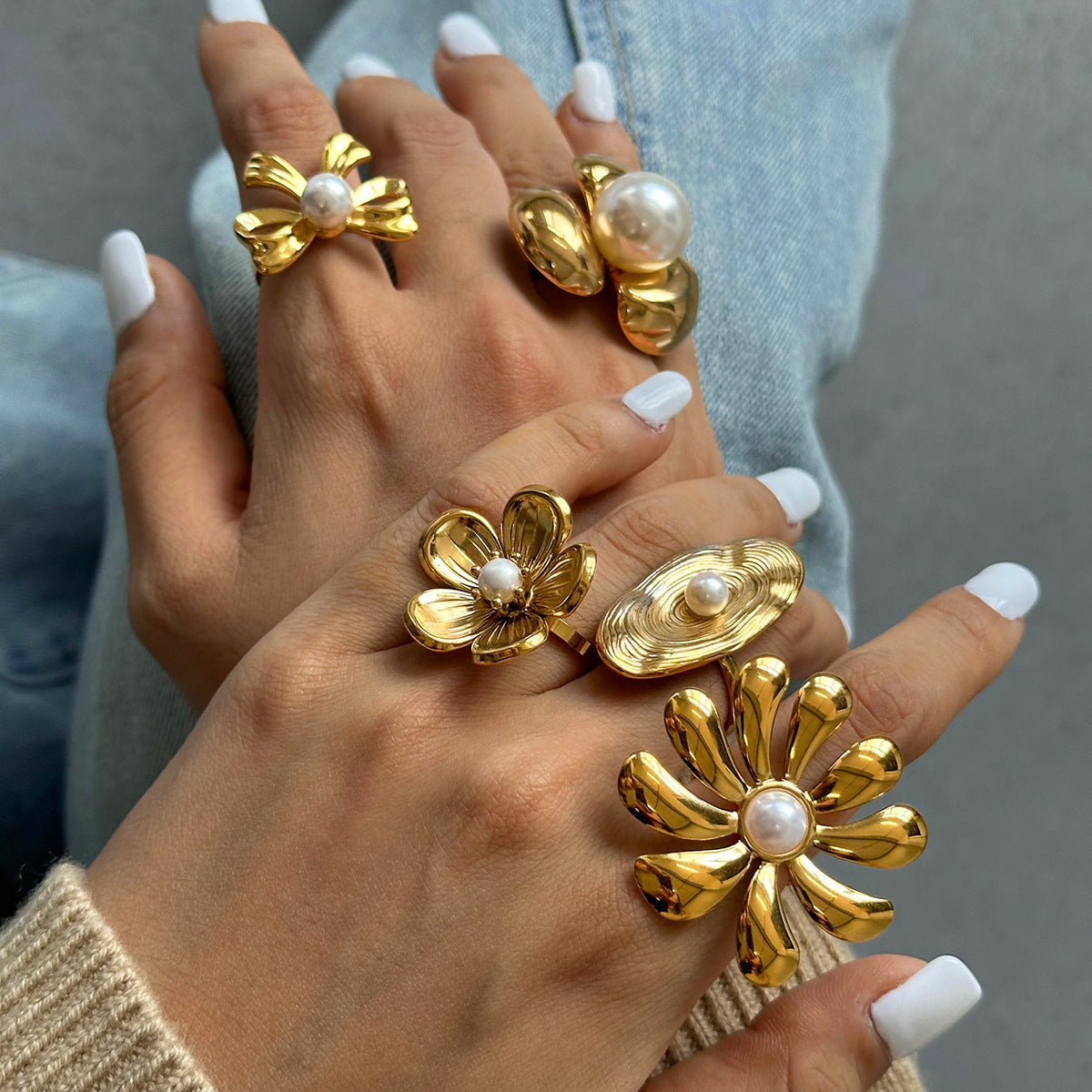 Stainless Steel Exaggerated Flower Pearl Ring