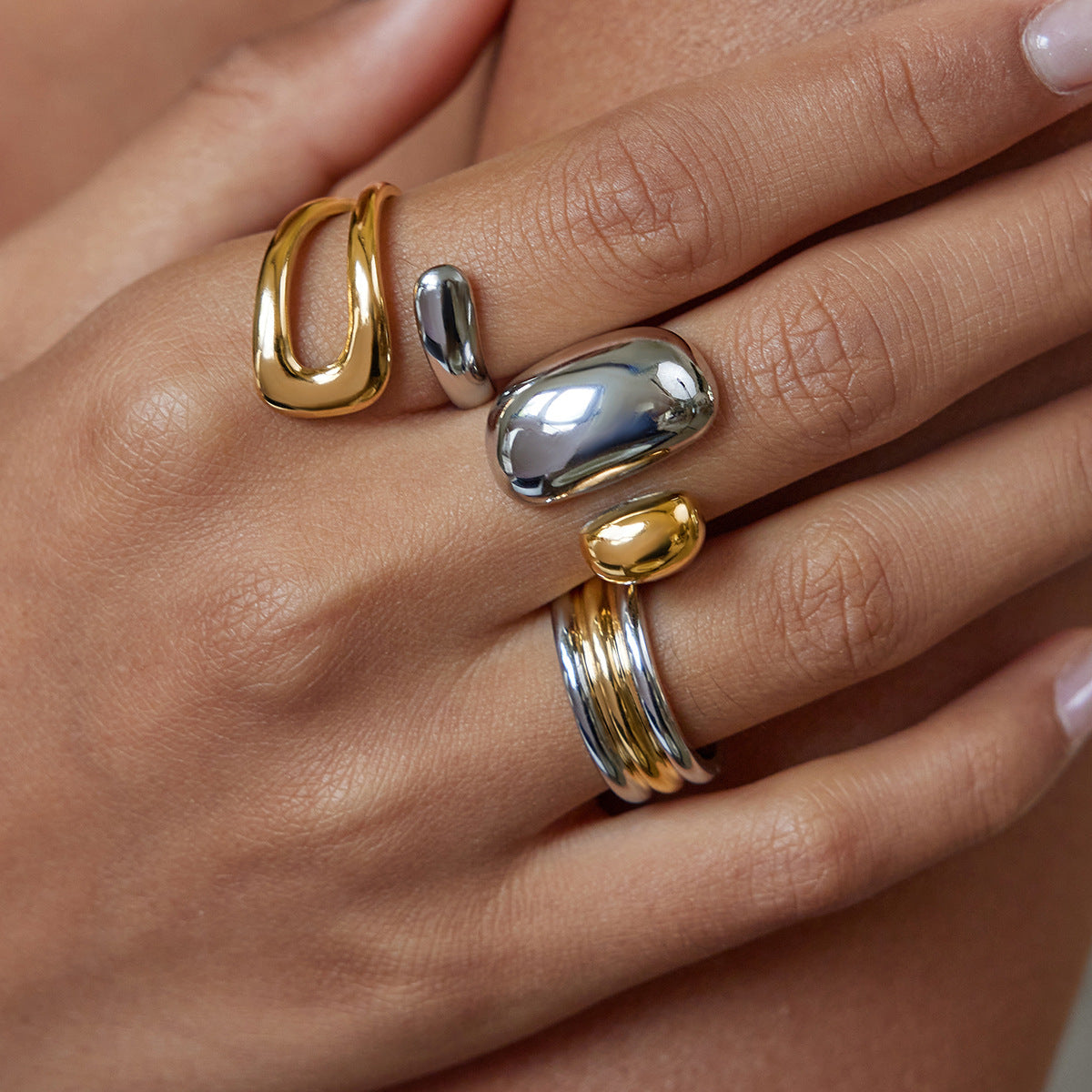 Stainless Steel Geometric Two-Tone Gold and Steel Ring