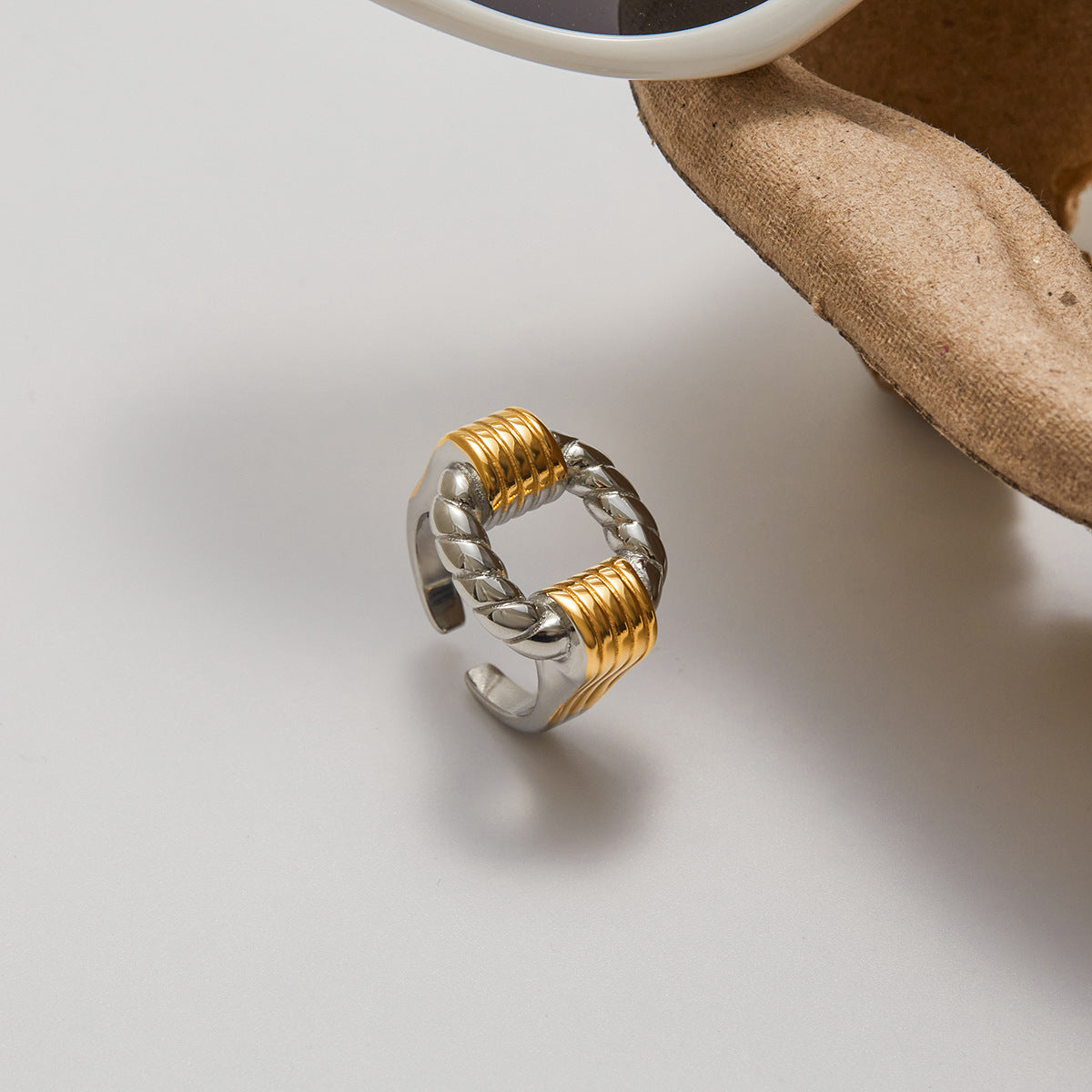 Stainless Steel Geometric Two-Tone Gold and Steel Ring