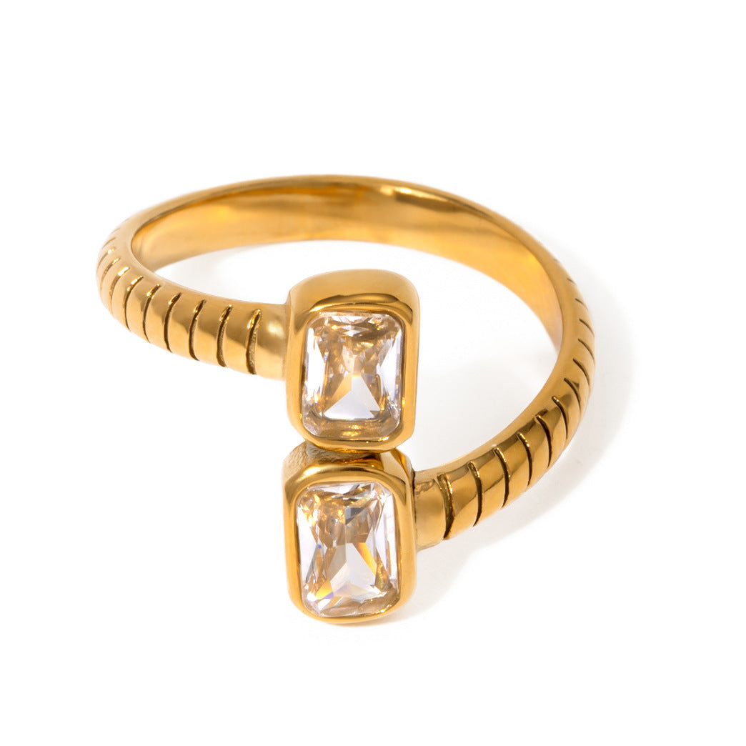 Stainless Steel Square Cubic Zirconia Open Ring