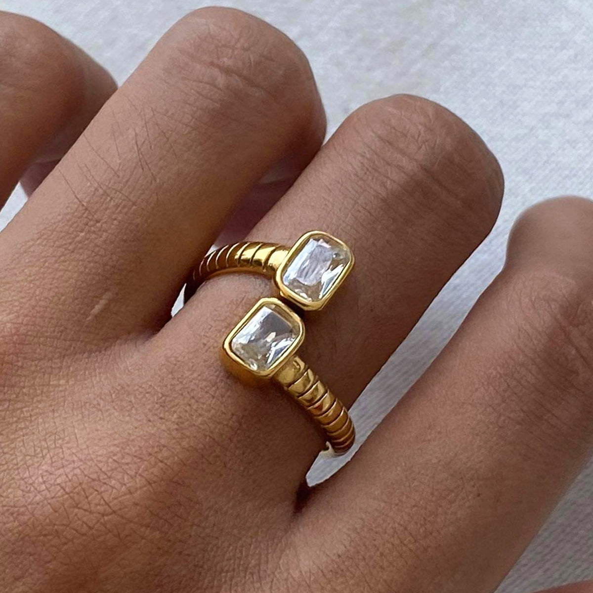 Stainless Steel Square Cubic Zirconia Open Ring